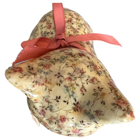 Vtg DECOUPAGE Ceramic CAT Kitten Kitty Floral Cream Fabric Pink Ribbon Bell 6" T - Picture 8 of 15